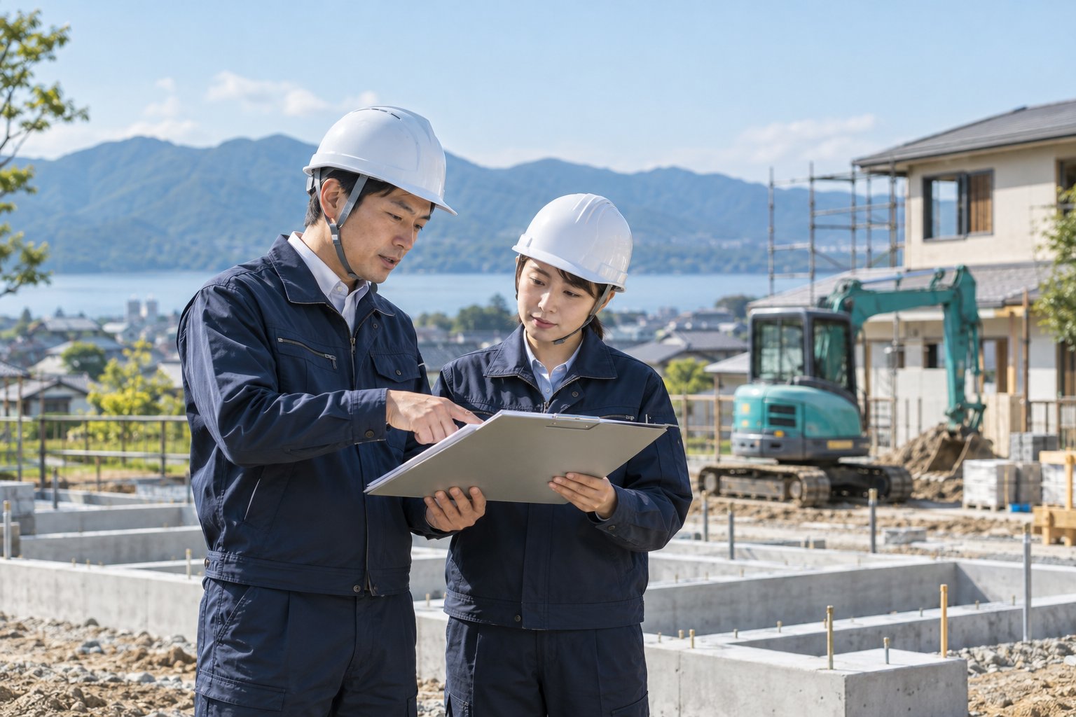 建設現場で資料を確認する作業員(AI生成の説明用イメージ)