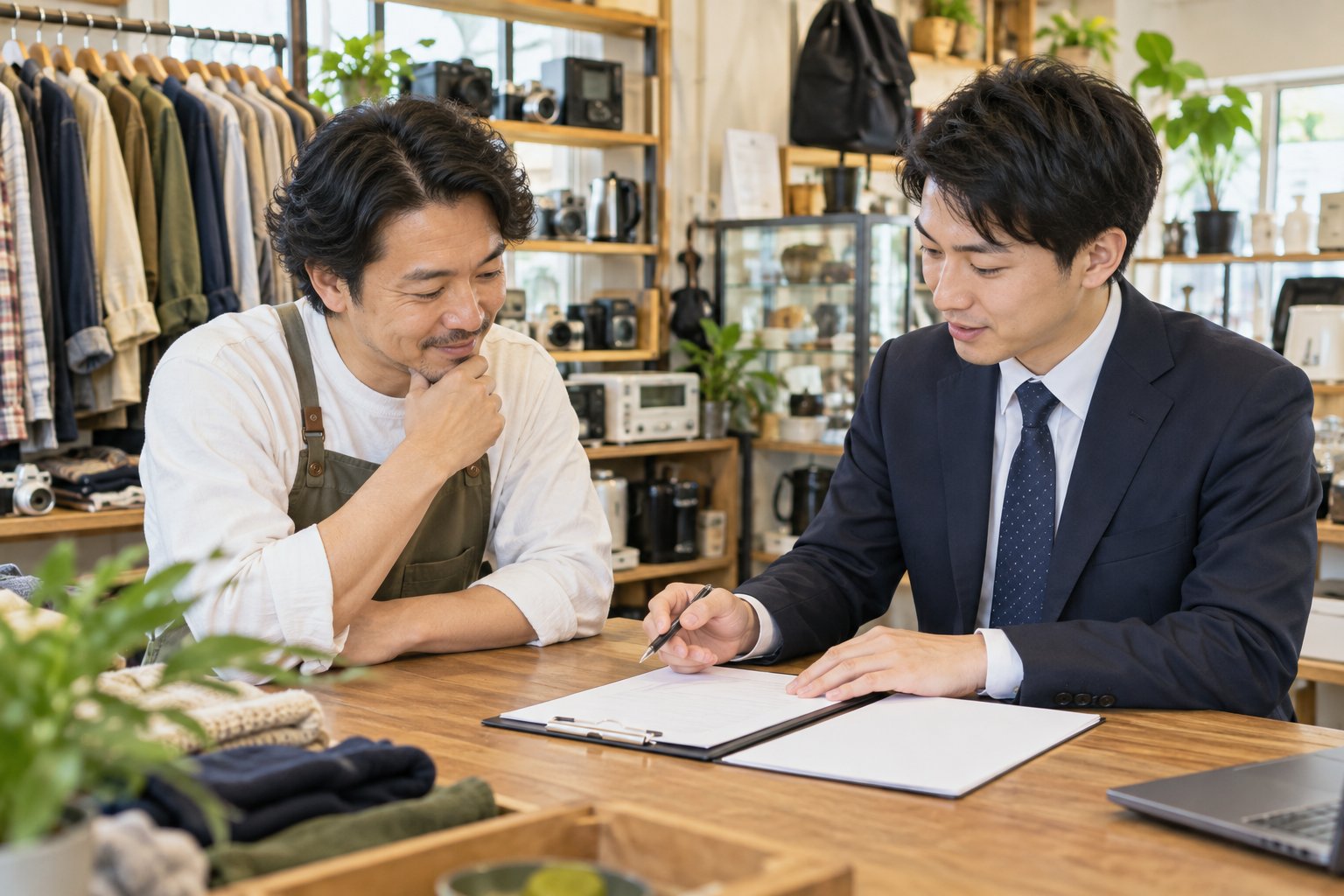 事業者と行政書士役の人物が書類を確認する相談場面(AI生成の説明用イメージ)