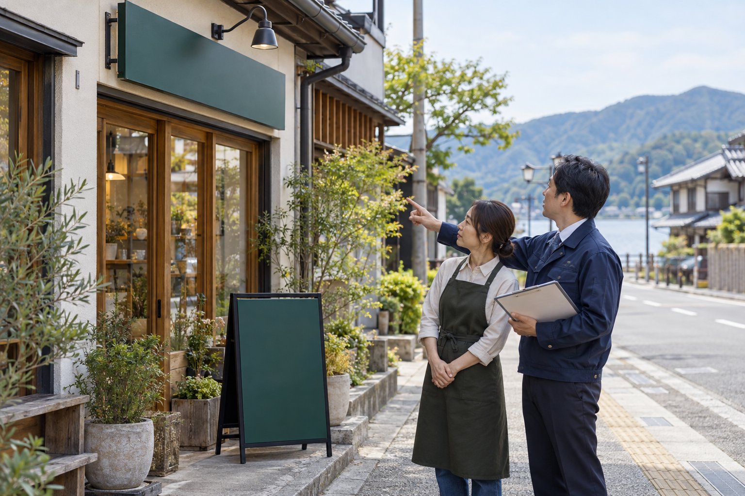 店舗の看板と設置場所を確認する場面(AI生成の説明用イメージ)