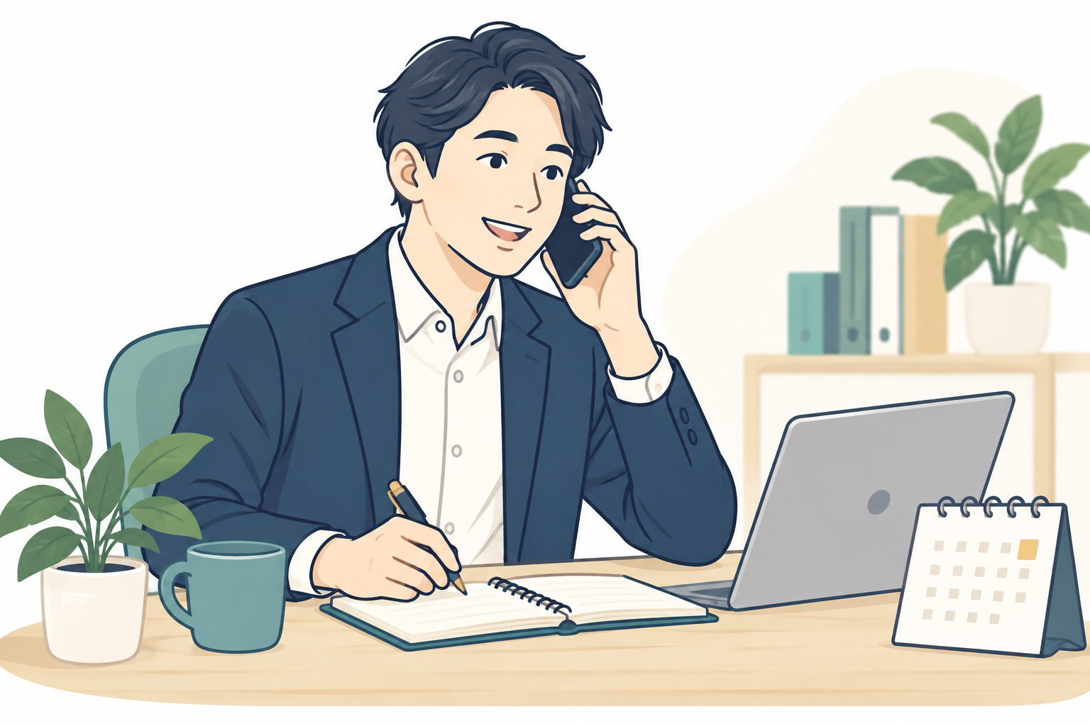 電話で事業内容と相談希望を伝える場面のイラスト
