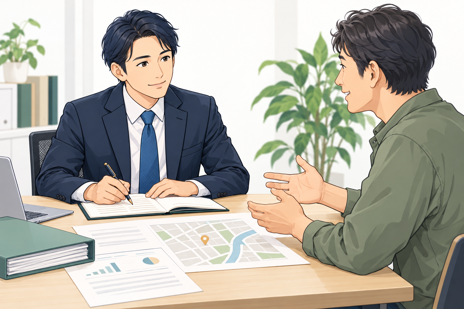 事業計画を聞き取り、地図と資料で事前調査を行う場面のイラスト