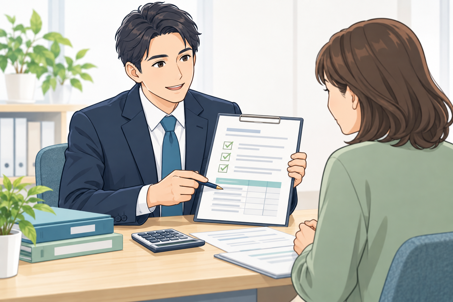 要件のチェックリストと見積もりを説明する場面のイラスト