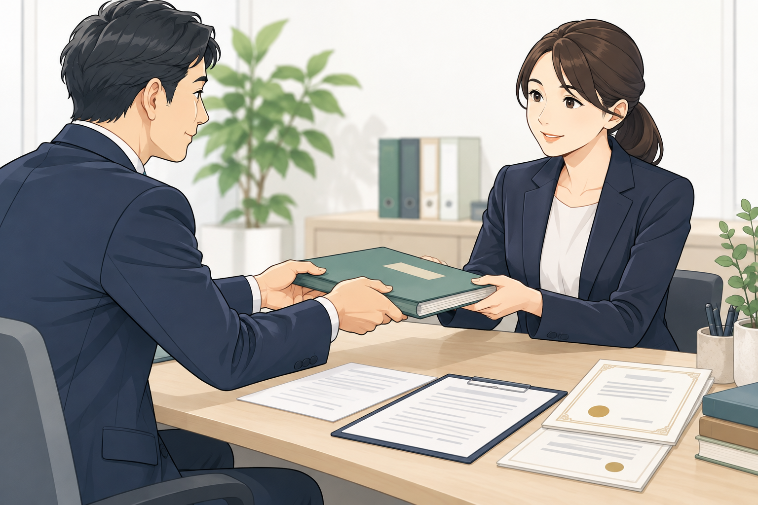 正式な依頼後に必要書類を受け渡す場面のイラスト
