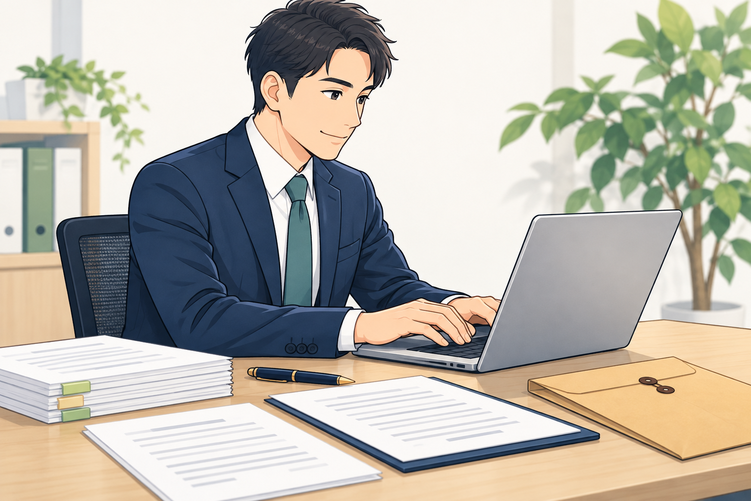 申請書をパソコンで作成する場面のイラスト