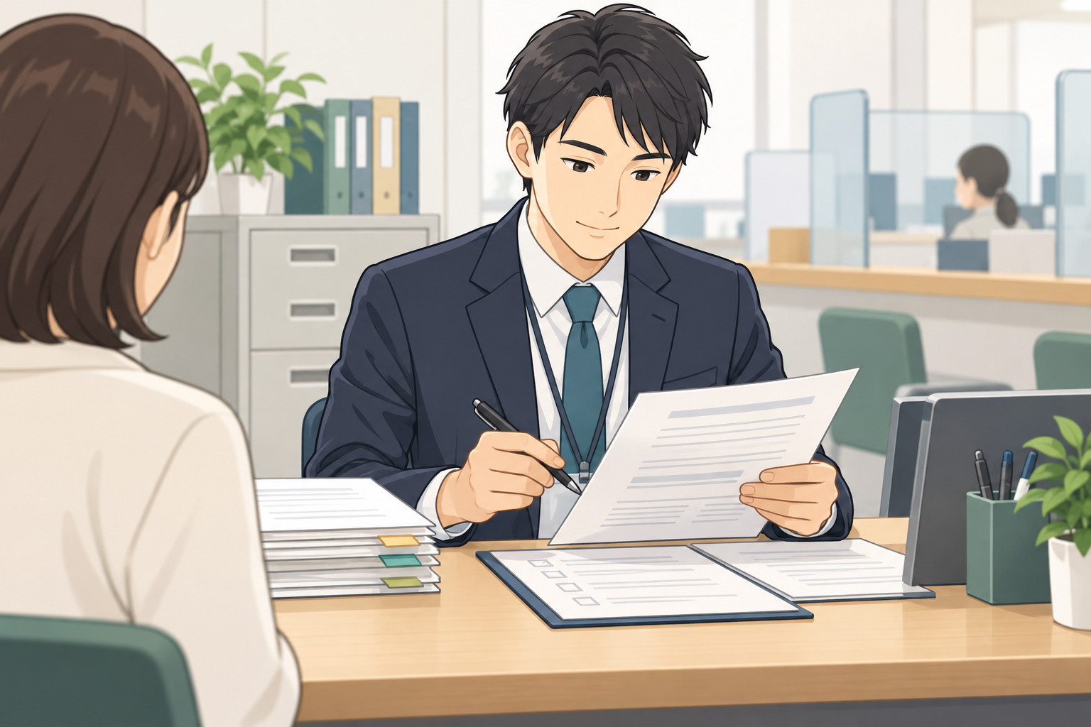 行政機関の担当者が申請書類を審査する場面のイラスト
