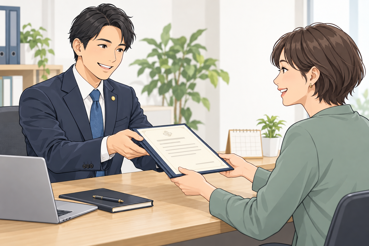 許可取得後に許可書を受け渡す場面のイラスト