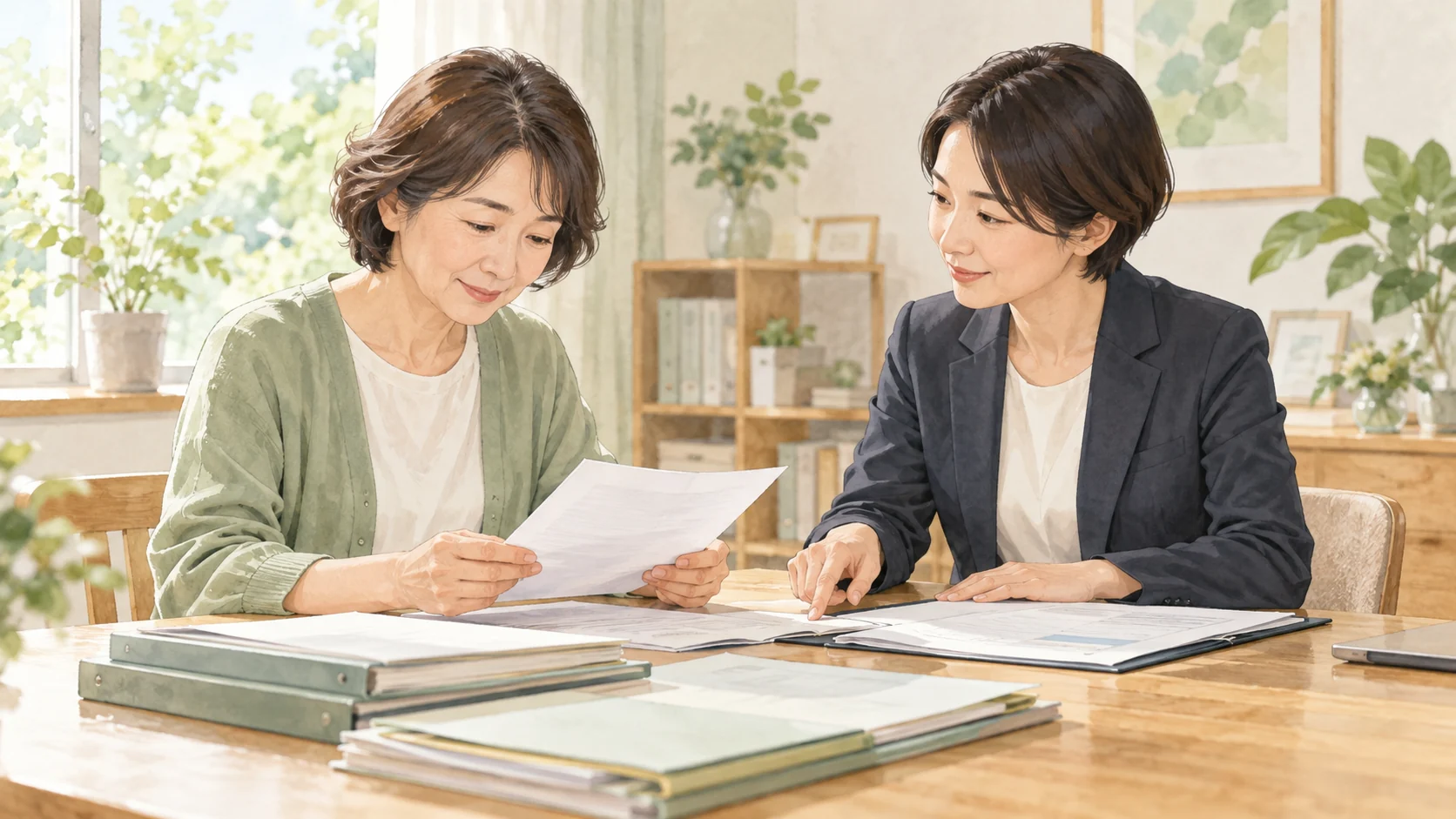 書類を確認しながら相続手続きについて相談する二人のイラスト