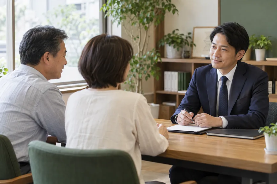 落ち着いた事務所で相談者の話を伺う場面（AI生成イメージ）