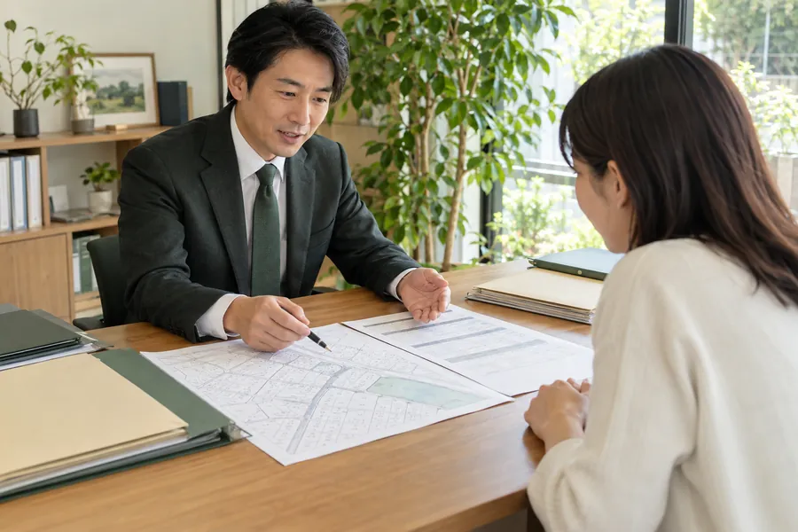 土地資料と事前調査の見積りを説明する場面（AI生成イメージ）