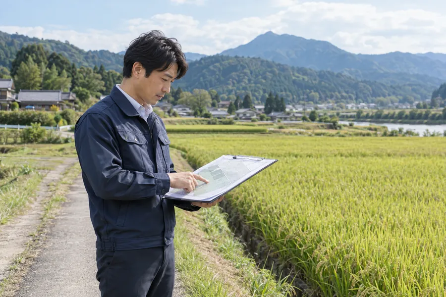 農地のそばで地図と現況を照合する専門家の場面（AI生成イメージ）