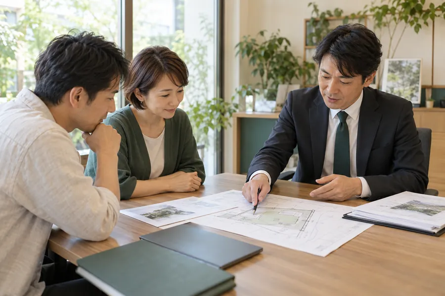 調査報告書と土地図面を用いて相談者に説明する場面（AI生成イメージ）