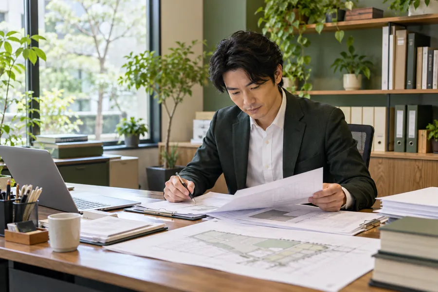 申請書と土地利用図面を確認する専門家の場面（AI生成イメージ）