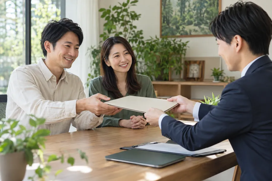 相談者へ完了書類を手渡す明るい面談の場面（AI生成イメージ）